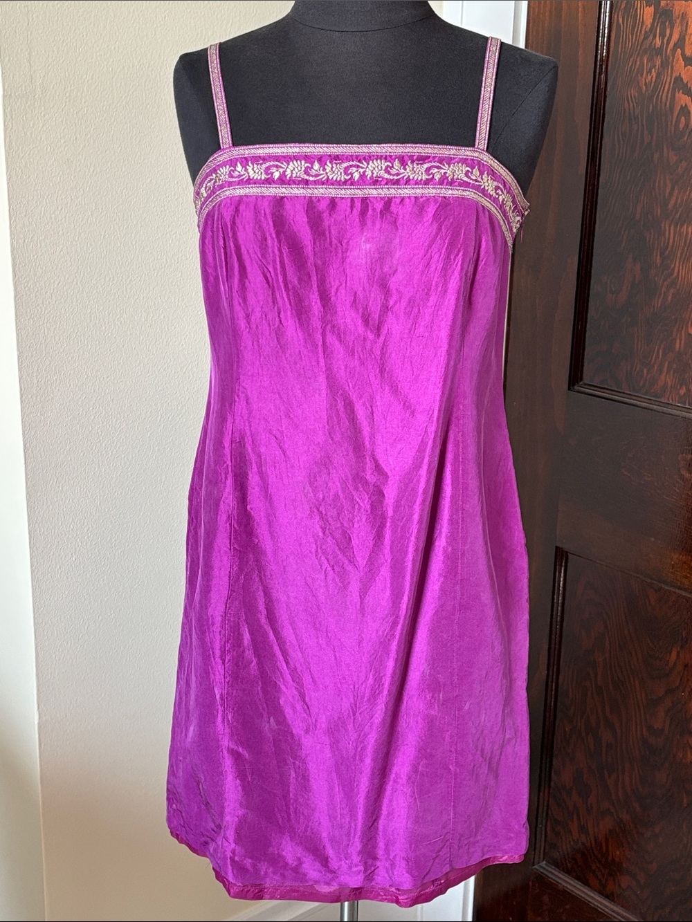 Vintage Women’s Silk Purple Pink Fuchsia Slip Dress with Embroidered Trim Party